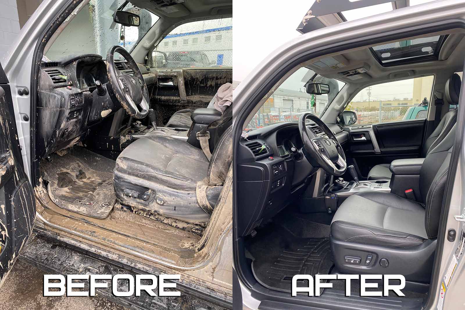 extremely muddy SUV interior - before and after Calgary car detailing
