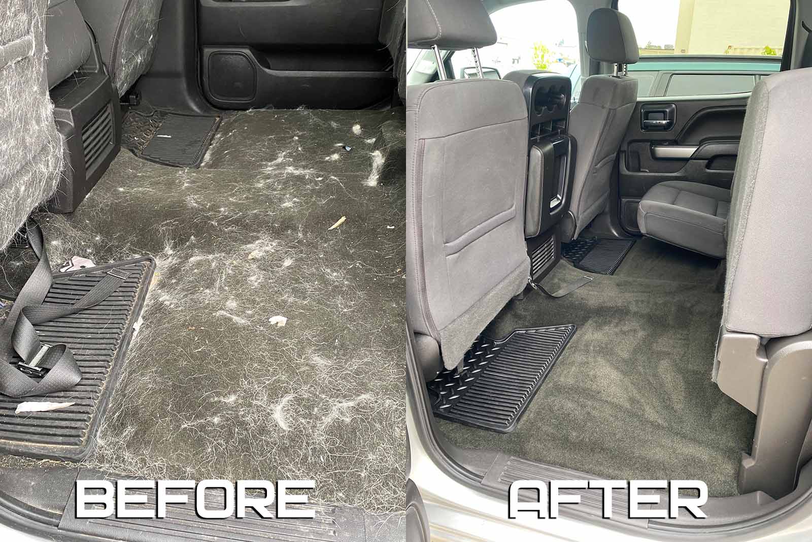 extremely messy car carpeting with dog hair - before and after Calgary car detailing