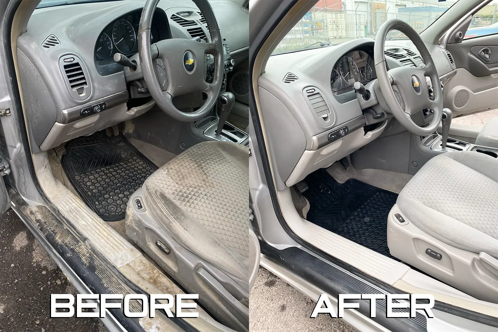 interior of dirty white car before and after washing - Calgary auto detailers